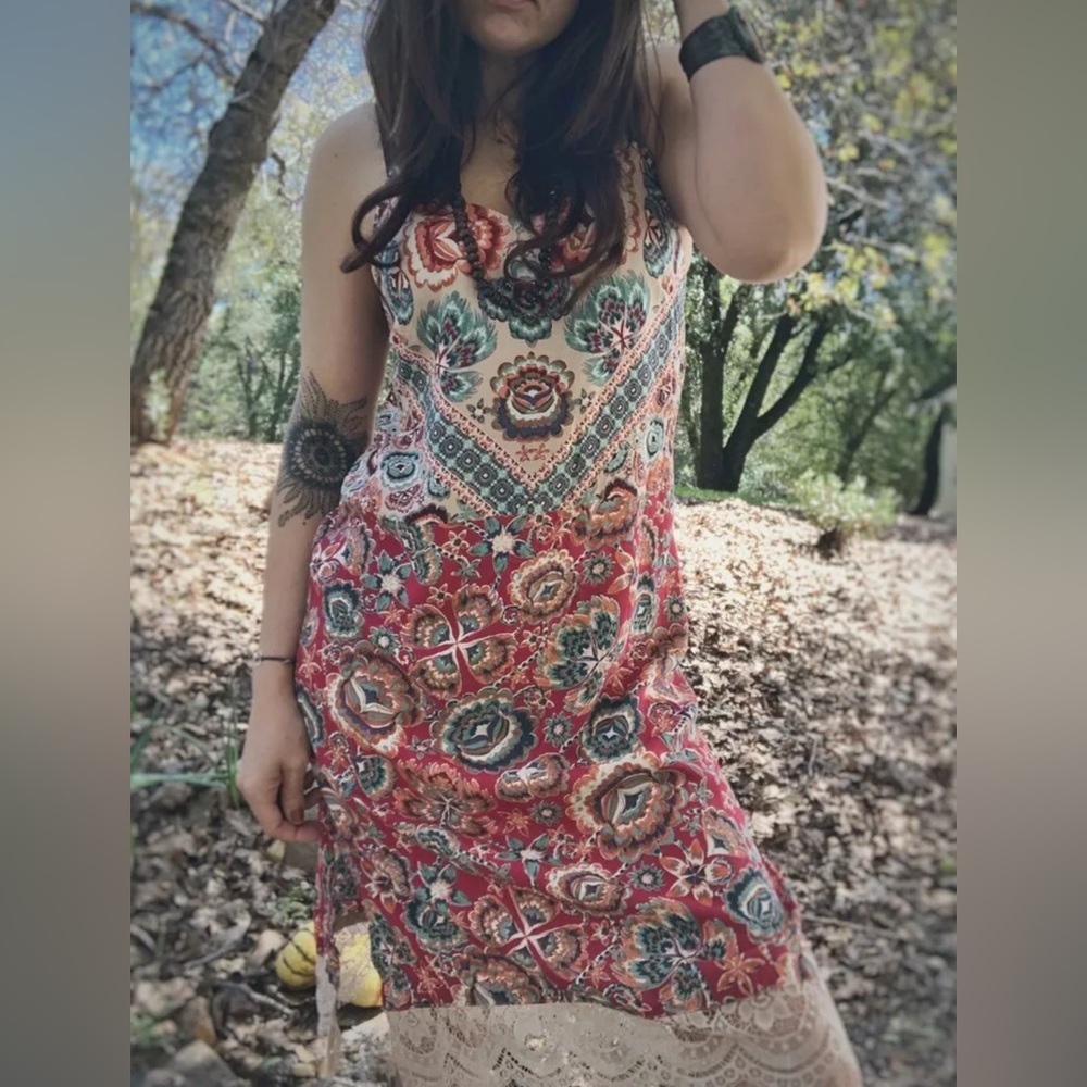 ANGIE Dress Womens Red Mandala Print Boho Sundress Slip Lace Trim Open Back